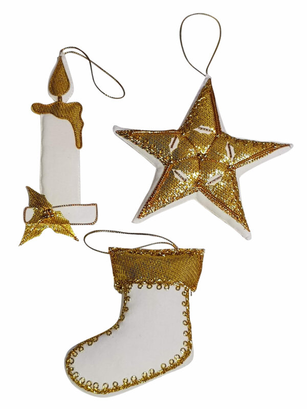 Christmas Decoration set Stocking, Star and Candle White/Gold – Hand Made