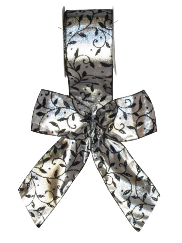Bow Silver Satin with Black Flocked Leaf Design (Pack of 10)